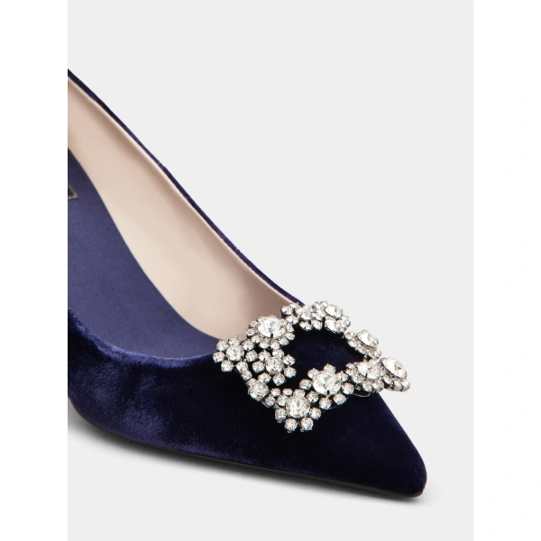 Roger Vivier Flower Strass Buckle Pumps in Navy Blue Velvet, view 6 | Pumps