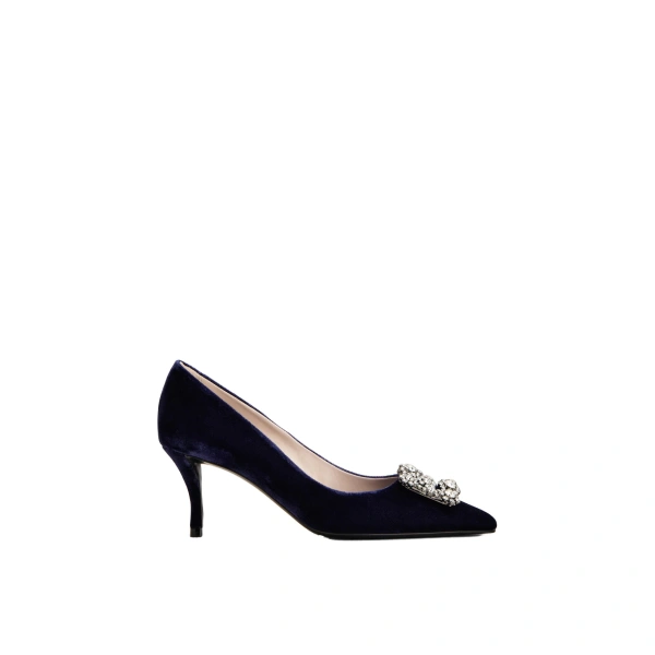 Flower Strass Buckle Pumps in Navy Blue Velvet