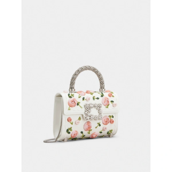 Roger Vivier Jewel Efflorescence Mini Bag in Off White and Pink Satin, view 3 | Mini Bags