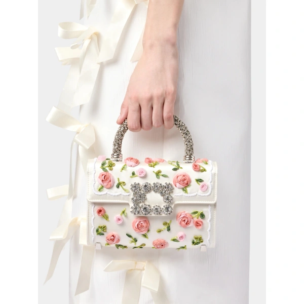 Roger Vivier Jewel Efflorescence Mini Bag in Off White and Pink Satin, view 5 | Mini Bags