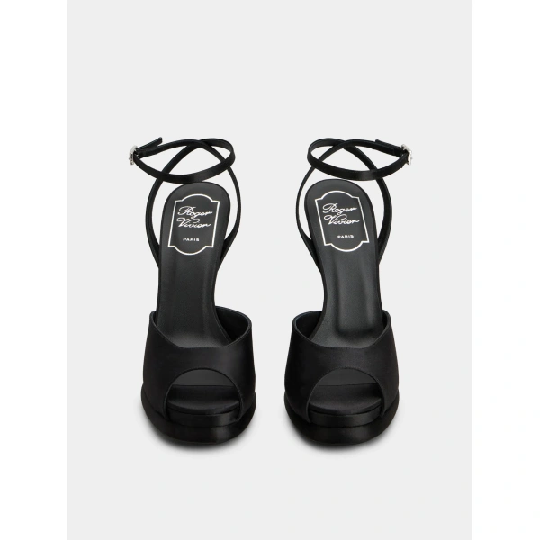 Roger Vivier Jewel Heel Sandals in Black Satin, view 2 | Sandals