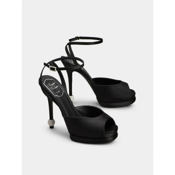 Roger Vivier Jewel Heel Sandals in Black Satin, view 3 | Sandals