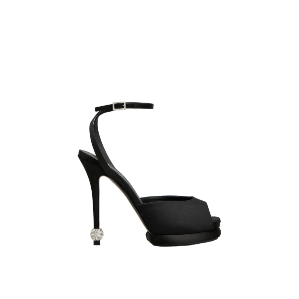 Jewel Heel Sandals in Black Satin