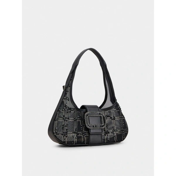 Roger Vivier Mesh Pilgrim Mini Hobo Bag in Black, view 3 | Hobo Bags