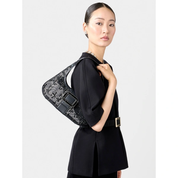 Roger Vivier Mesh Pilgrim Mini Hobo Bag in Black, view 4 | Hobo Bags