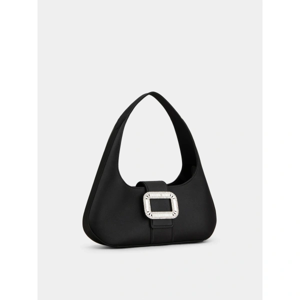 Roger Vivier Pilgrim Hobo Bag in Black Satin, view 3 | Hobo Bags