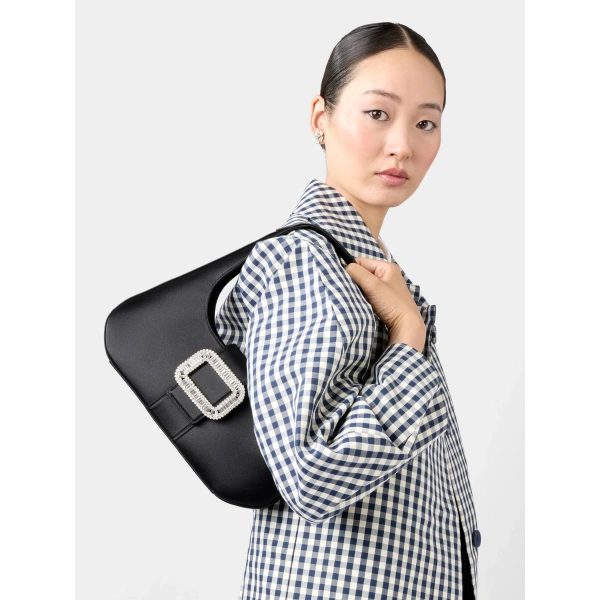 Roger Vivier Pilgrim Hobo Bag in Black Satin, view 4 | Hobo Bags
