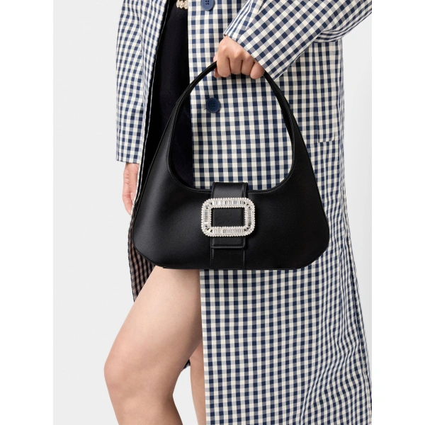 Roger Vivier Pilgrim Hobo Bag in Black Satin, view 5 | Hobo Bags