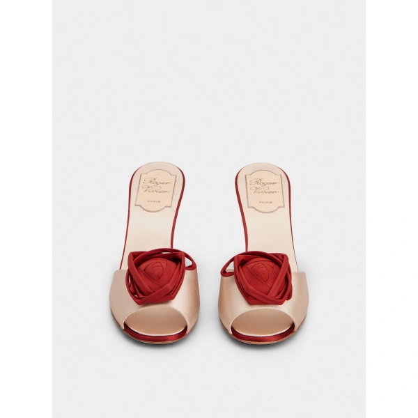 Roger Vivier Rose Vivier Mules in Nude Satin, view 2 | Mules