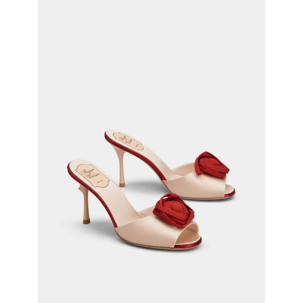 Roger Vivier Rose Vivier Mules in Nude Satin, view 3 | Mules