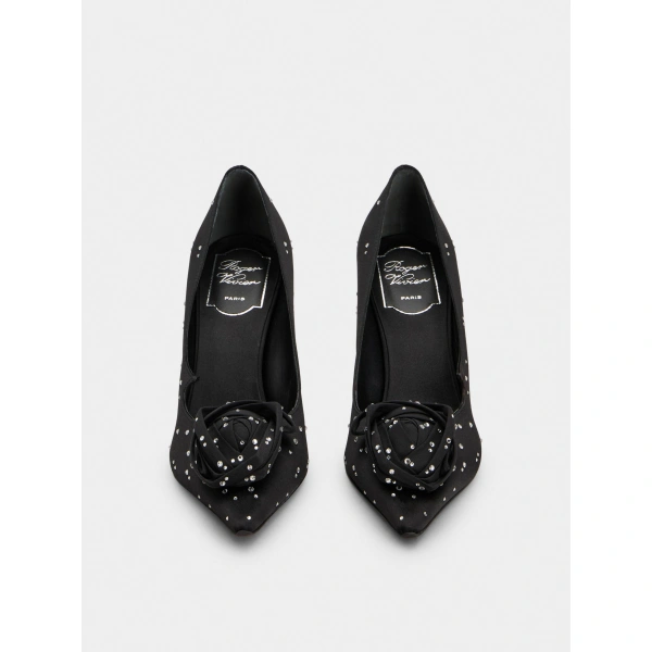 Roger Vivier Rose Vivier Pumps in Black Satin, view 2 | Pumps