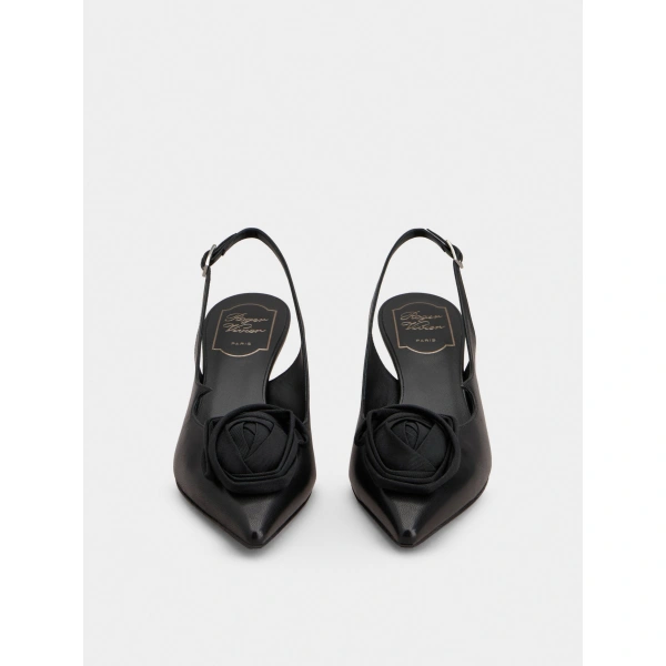 Roger Vivier Rose Vivier Slingback Pumps in Black Leather, view 2 | Kitten Heels