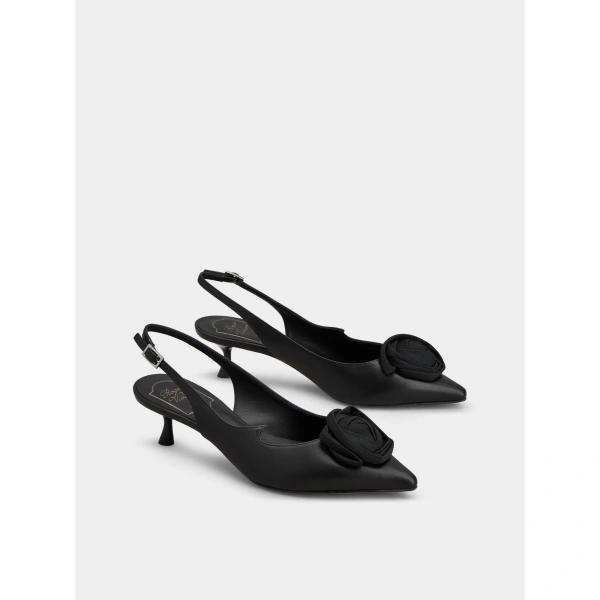 Roger Vivier Rose Vivier Slingback Pumps in Black Leather, view 3 | Kitten Heels