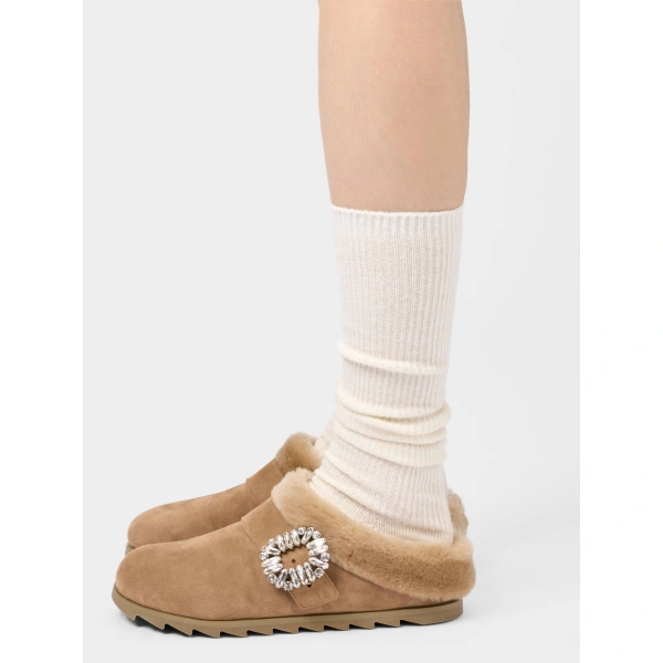 Roger Vivier Slidy Viv' Mules in Camel Suede, view 4 | Mules