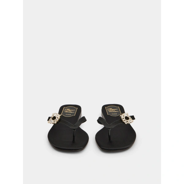 Roger Vivier Thong Mules in Black Satin, view 2 | Mules