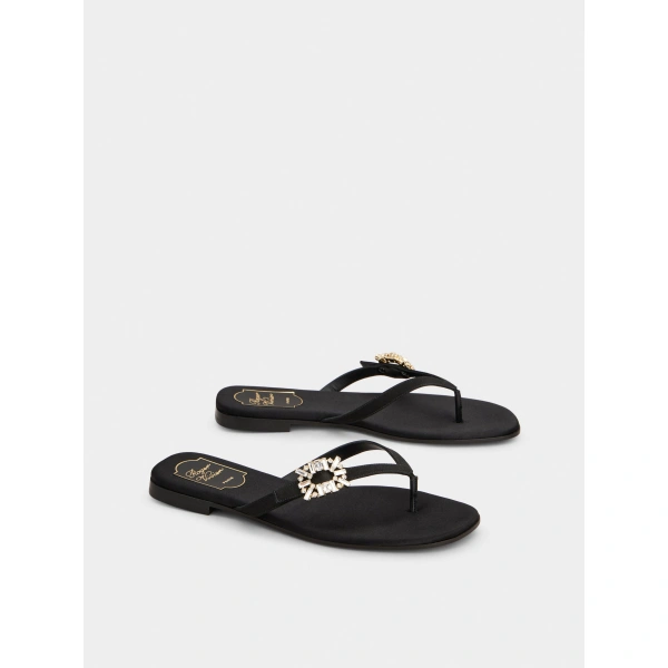 Roger Vivier Thong Mules in Black Satin, view 3 | Mules