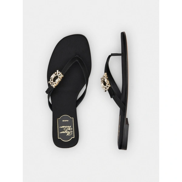 Roger Vivier Thong Mules in Black Satin, view 4 | Mules