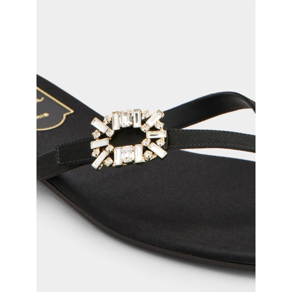 Roger Vivier Thong Mules in Black Satin, view 5 | Mules