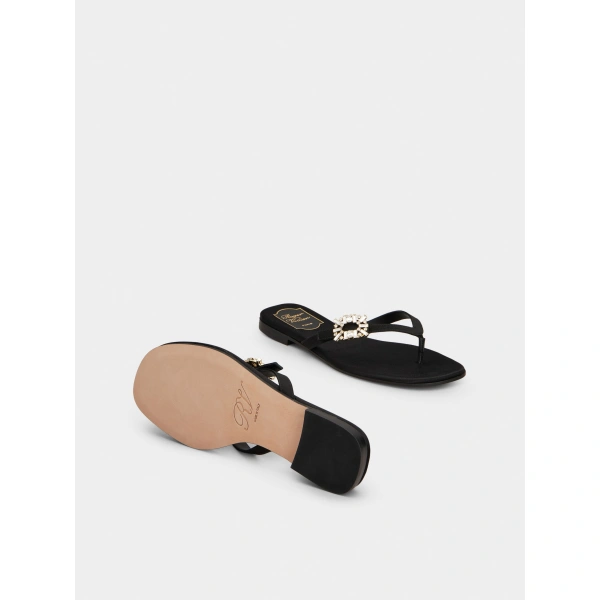 Roger Vivier Thong Mules in Black Satin, view 6 | Mules