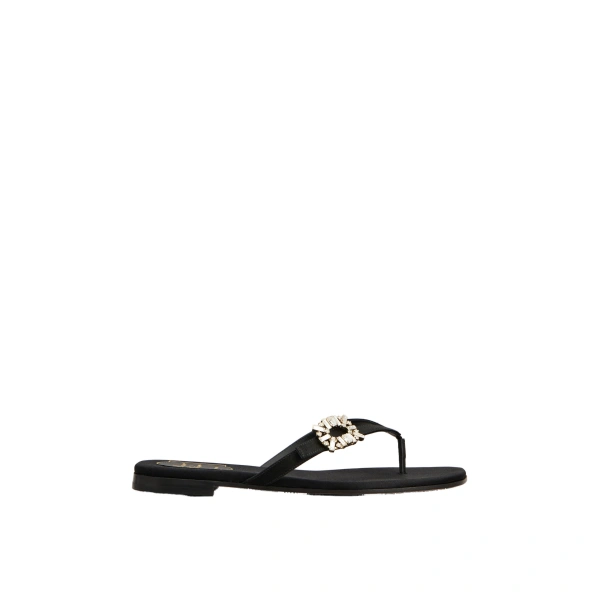 Thong Mules in Black Satin