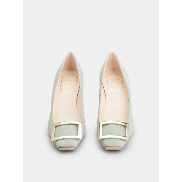 Roger Vivier Trompette Pumps with Metal Buckle in Green Suede, view 2 | Pumps