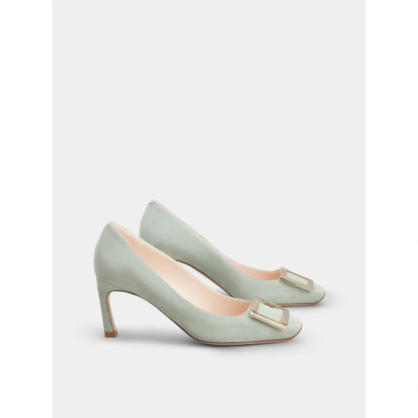 Roger Vivier Trompette Pumps with Metal Buckle in Green Suede, view 3 | Pumps