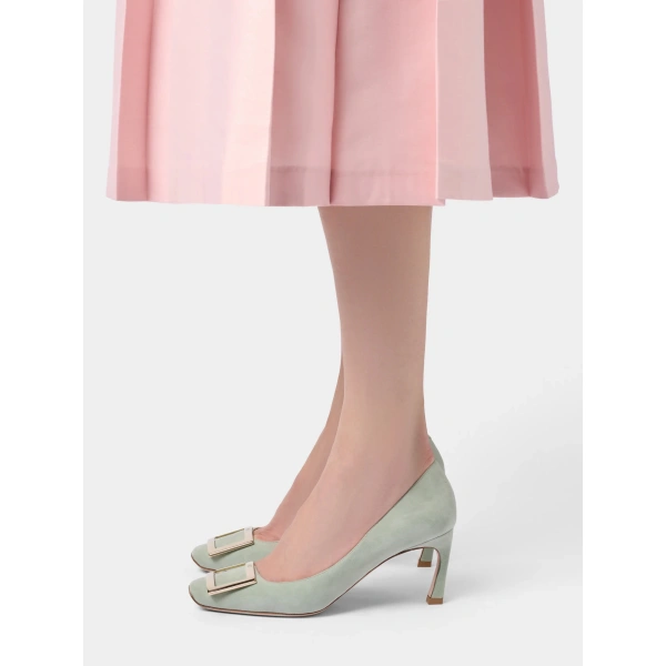 Roger Vivier Trompette Pumps with Metal Buckle in Green Suede, view 4 | Pumps
