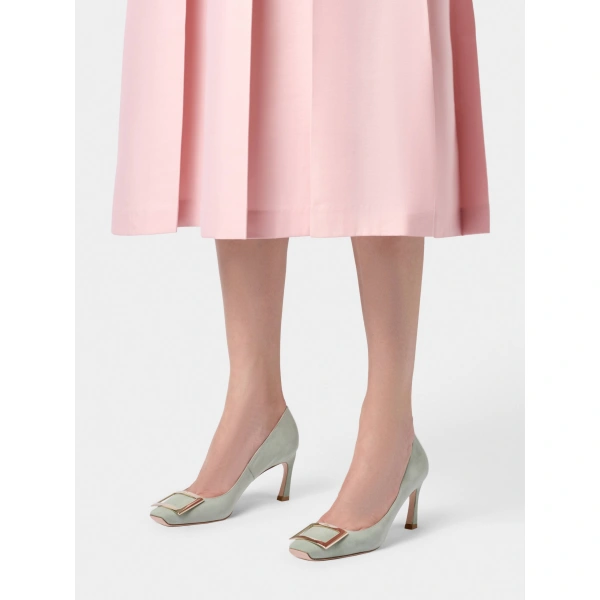 Roger Vivier Trompette Pumps with Metal Buckle in Green Suede, view 5 | Pumps
