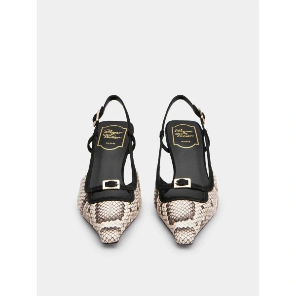 Roger Vivier Viv' Canard Slingback Pumps in Off White and Black Leather, view 2 | Kitten Heels