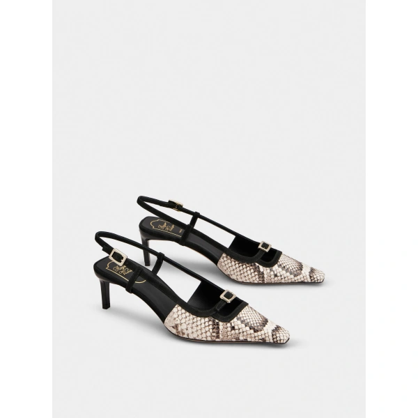 Roger Vivier Viv' Canard Slingback Pumps in Off White and Black Leather, view 3 | Kitten Heels