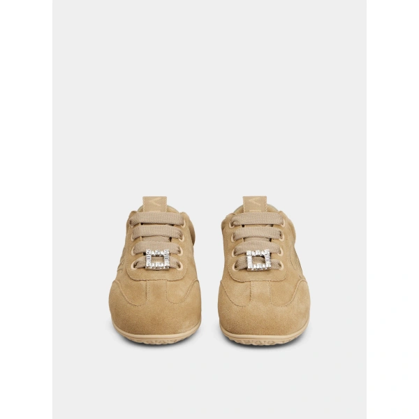 Roger Vivier Viv Low Mules in Camel Suede, view 2 | Mules