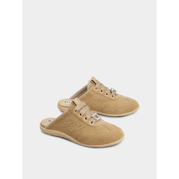 Roger Vivier Viv Low Mules in Camel Suede, view 3 | Mules