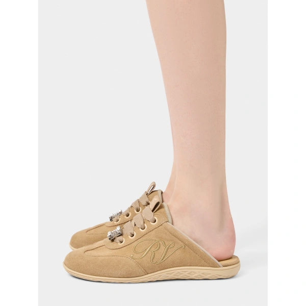 Roger Vivier Viv Low Mules in Camel Suede, view 4 | Mules