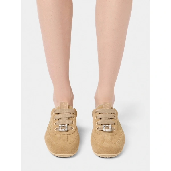 Roger Vivier Viv Low Mules in Camel Suede, view 5 | Mules