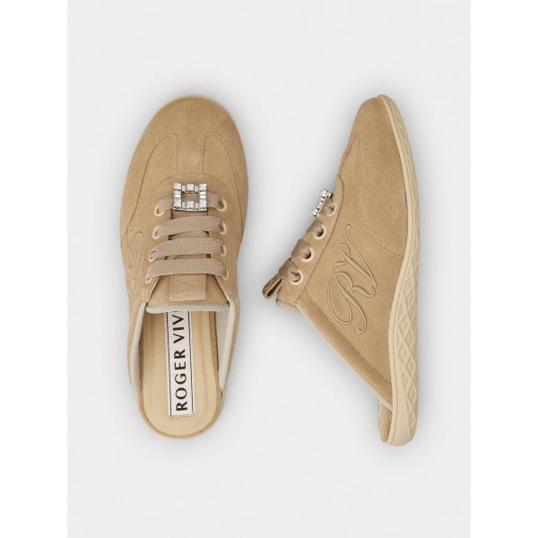 Roger Vivier Viv Low Mules in Camel Suede, view 6 | Mules