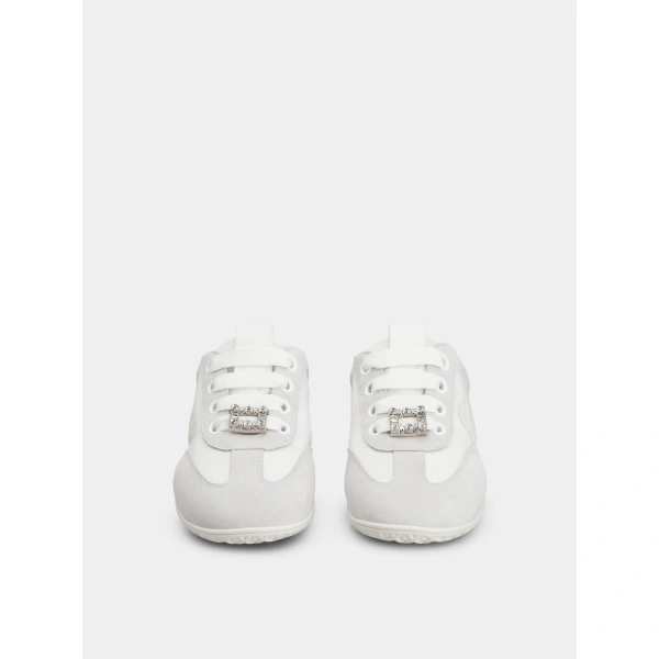 Roger Vivier Viv Low Mules in White Suede and Fabric, view 2 | Mules