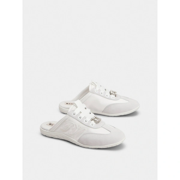 Roger Vivier Viv Low Mules in White Suede and Fabric, view 3 | Mules