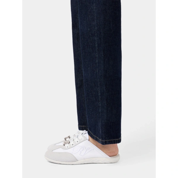 Roger Vivier Viv Low Mules in White Suede and Fabric, view 4 | Mules