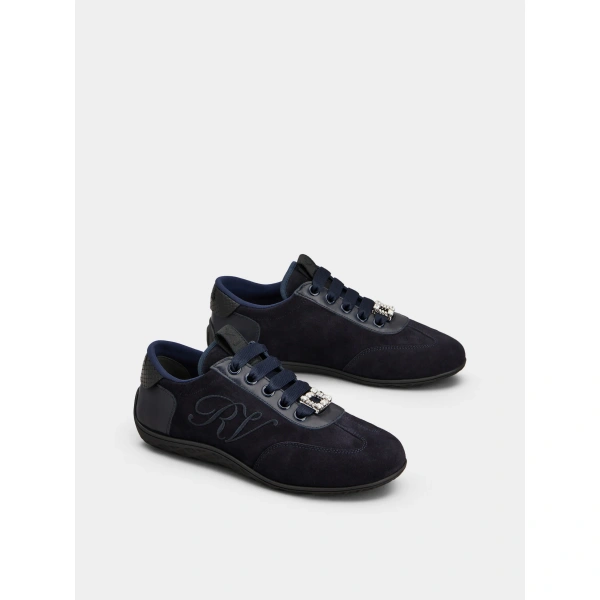Roger Vivier Viv Low Sneakers in Navy Blue Suede, view 3 | Sneakers