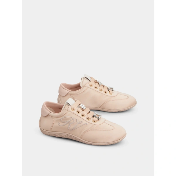 Roger Vivier Viv Low Sneakers in Pink Fabric, view 3 | Sneakers