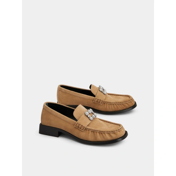 Roger Vivier Viv' Rangers Loafers in Beige Suede, view 3 | Loafers
