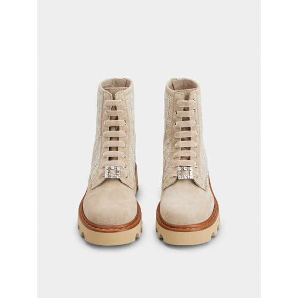 Roger Vivier Viv' Rangers Truck Booties in Beige Suede and Knit, view 2 | Ankle Boots