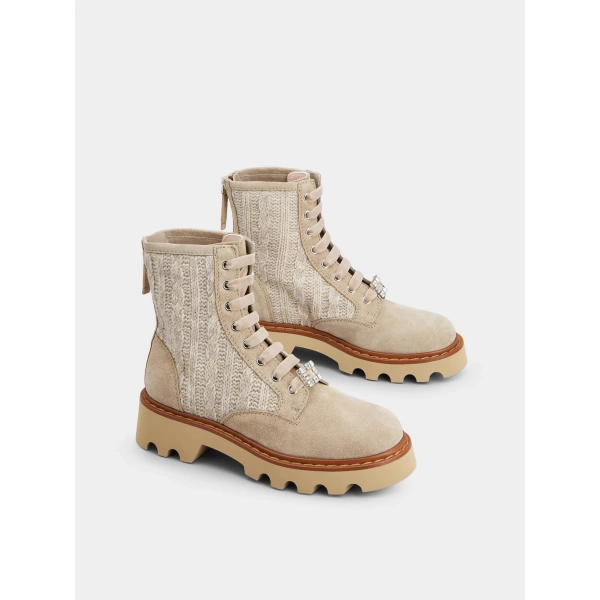 Roger Vivier Viv' Rangers Truck Booties in Beige Suede and Knit, view 3 | Ankle Boots