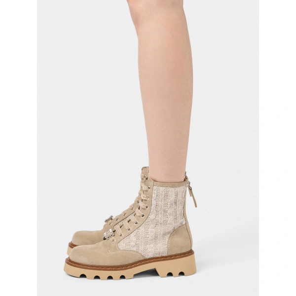 Roger Vivier Viv' Rangers Truck Booties in Beige Suede and Knit, view 4 | Ankle Boots