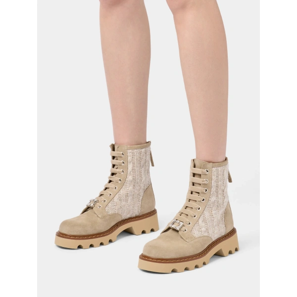 Roger Vivier Viv' Rangers Truck Booties in Beige Suede and Knit, view 5 | Ankle Boots