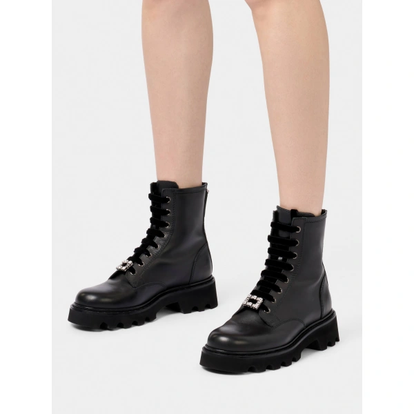 Roger Vivier Viv' Rangers Truck Booties in Black Leather, view 5 | Ankle Boots
