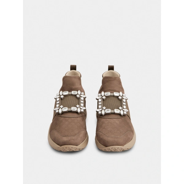 Roger Vivier Viv' Run Sneakers in Brown Suede Fabric, view 2 | Sneakers