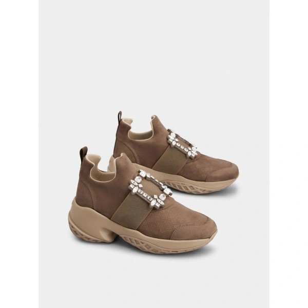 Roger Vivier Viv' Run Sneakers in Brown Suede Fabric, view 3 | Sneakers