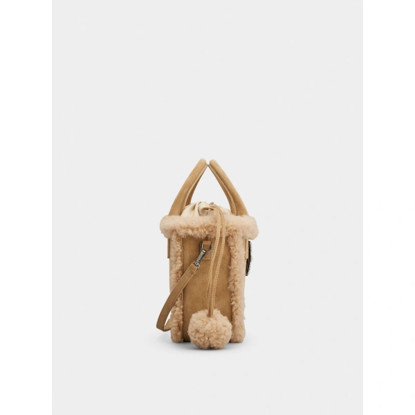Roger Vivier Viv' Skate Shopping Bag in Camel Suede and Shearling, view 2 | Totes & Top-Handle Bags