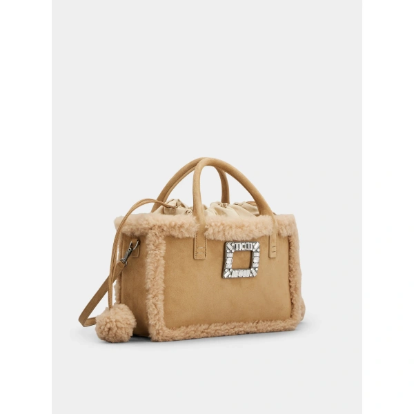 Roger Vivier Viv' Skate Shopping Bag in Camel Suede and Shearling, view 3 | Totes & Top-Handle Bags